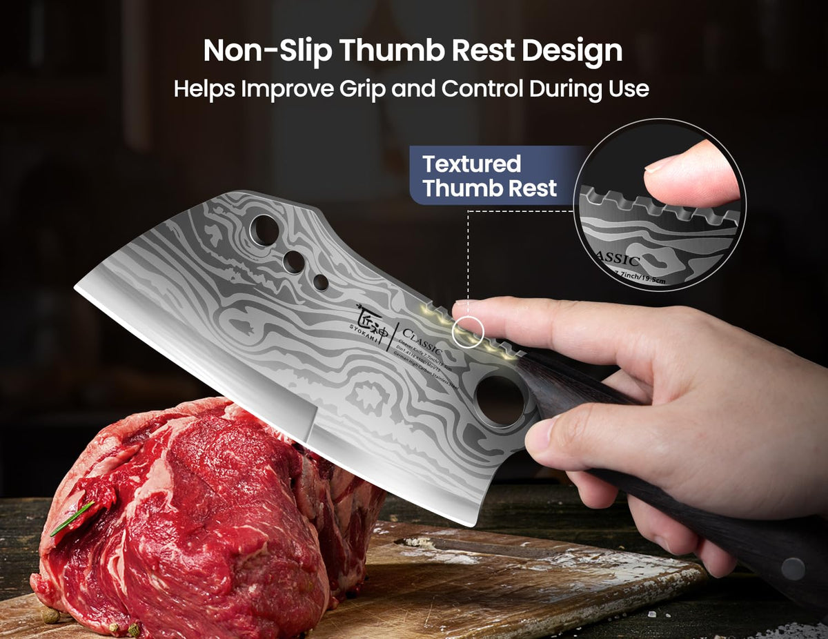 SYOKAMI Meat Cleaver Chef Knife, 7.7 Inch Multifunction Butcher Knife with Herb Stripper and Sheath, Chinese Cleaver Heavy Duty Bone Chopper, Meat Cutting, Damascus Pattern Full Tang Wood Handle