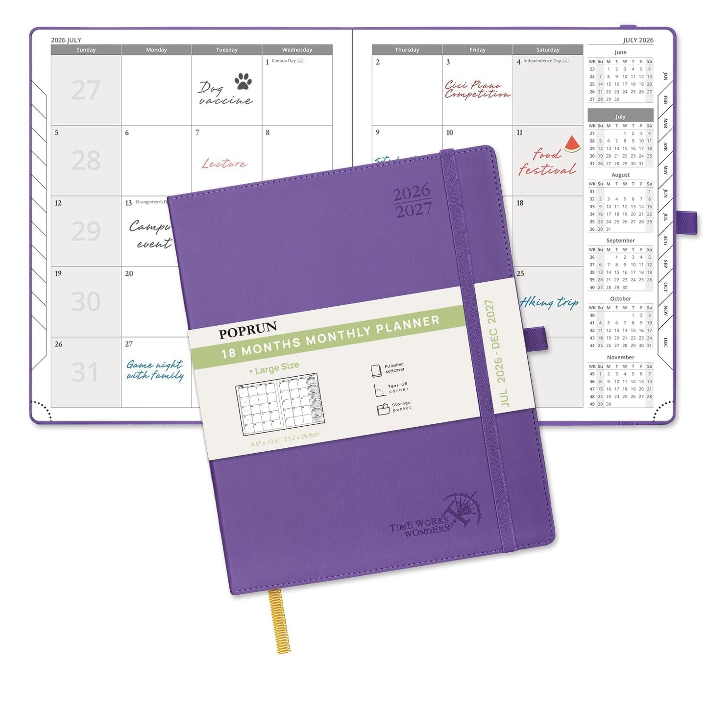 POPRUN Monthly Planner 2026-2027 (Large - 8.5" x 10.5" Soft Cover), 18-Month Calendar Book (Jul.2026-Dec.2027), Calendar Planner with Monthly Tabs & Pocket, 100 GSM Paper - Purple