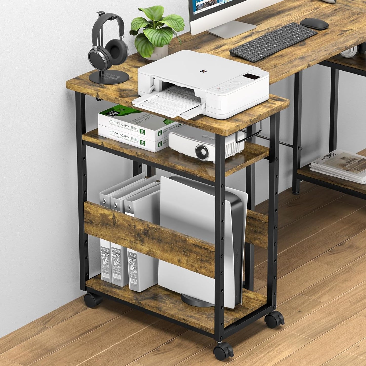 Mobile Printer Stand, 3-Tier Printer Cart Under Desk with Storage, Industrial Rolling Cart, Sturdy Little Table on Wheels