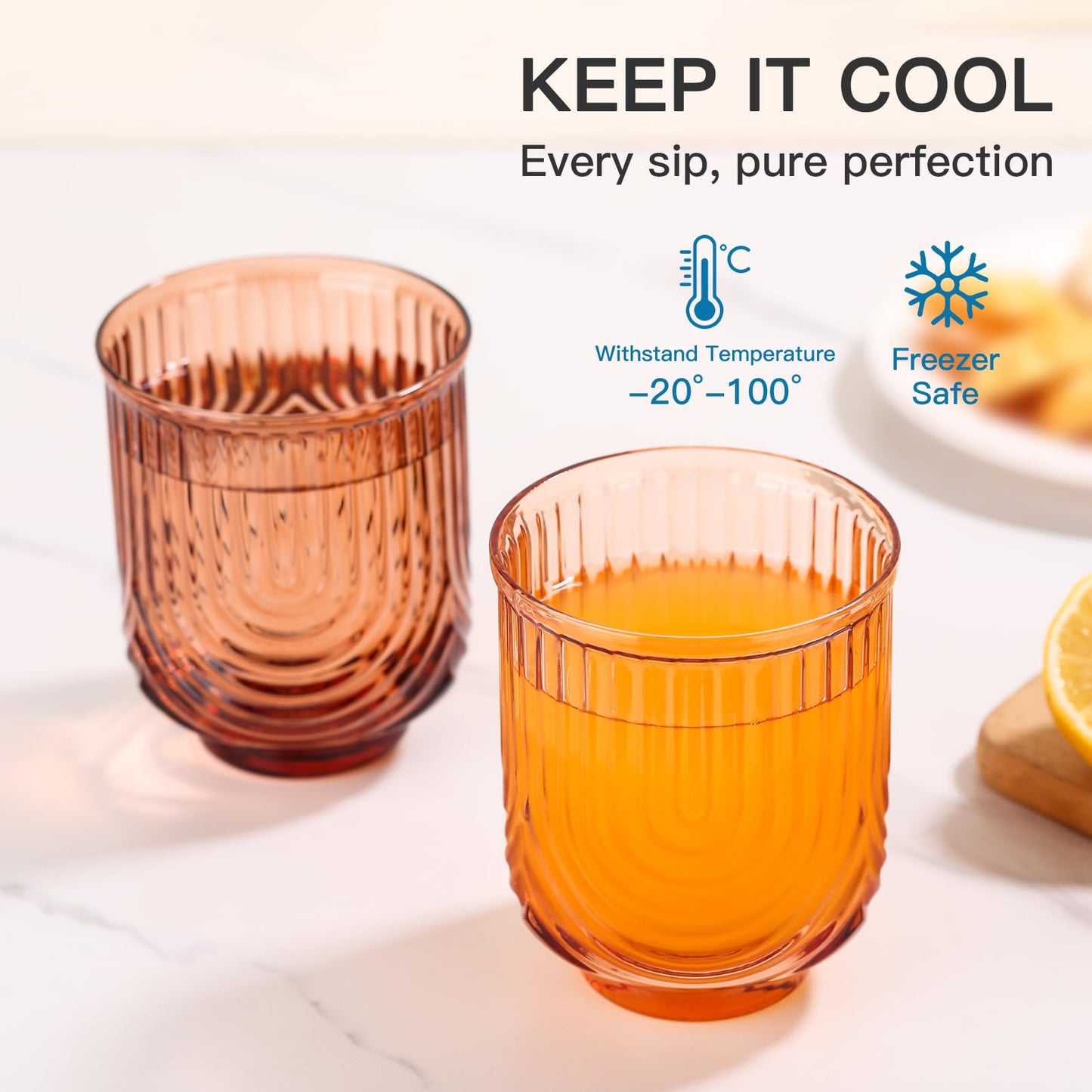 JOVGANK Amber Vintage Glassware Set of 6-14Oz Amber Water Drinking Glass, Art Deco Ripple Highball Glass, Whiskey Cocktail Glasses, for Bar Beverages Ice Coffee Juice, Housewarming Gifts