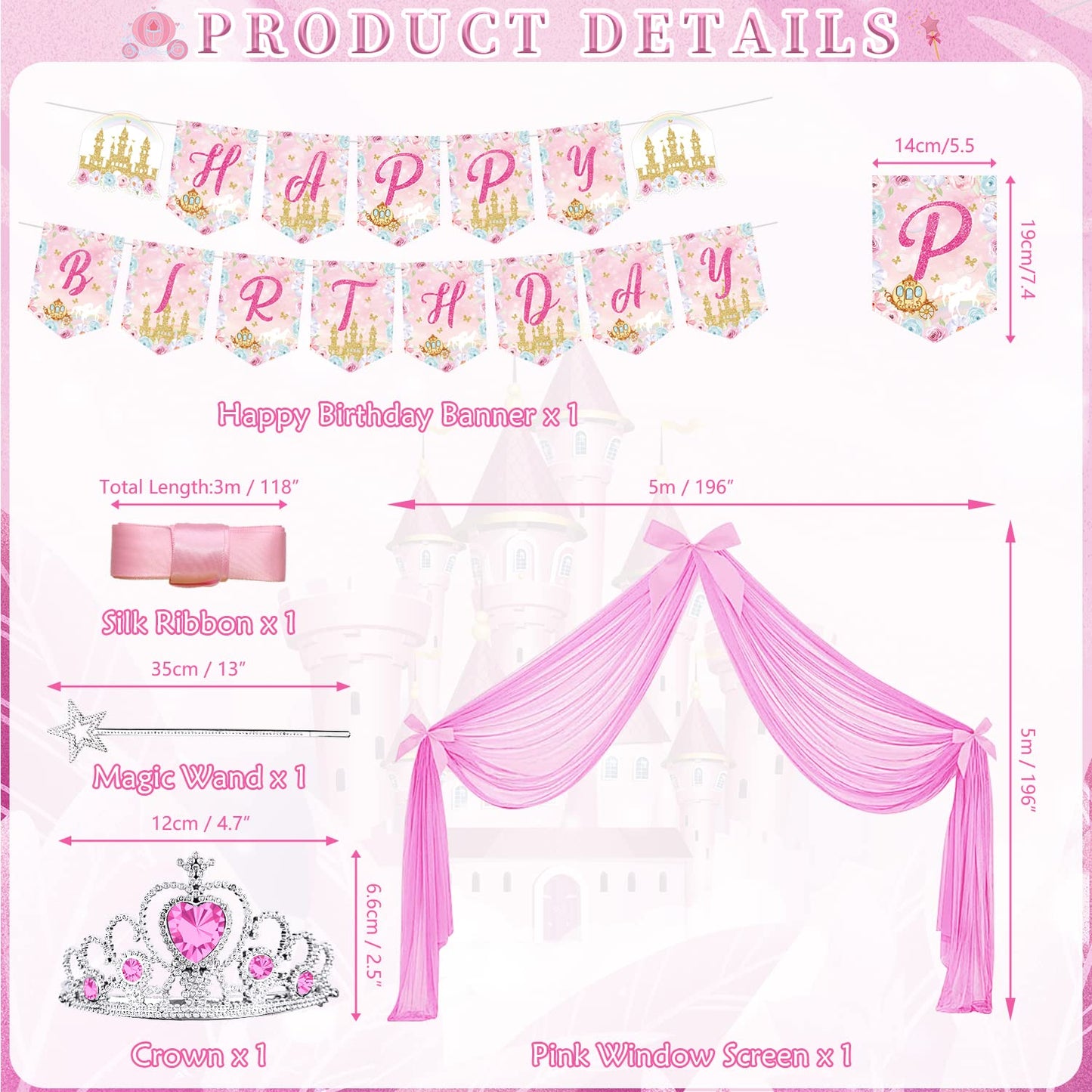 Princess Birthday Party Supplies, Includes Banner, Plates, Tulle, Napkins, Cake Toppers, Crowns, Wands, Balloons, Tablecloths, for Girls Princess's Themed Baby Shower Decorations, Serve 20 (Style A)