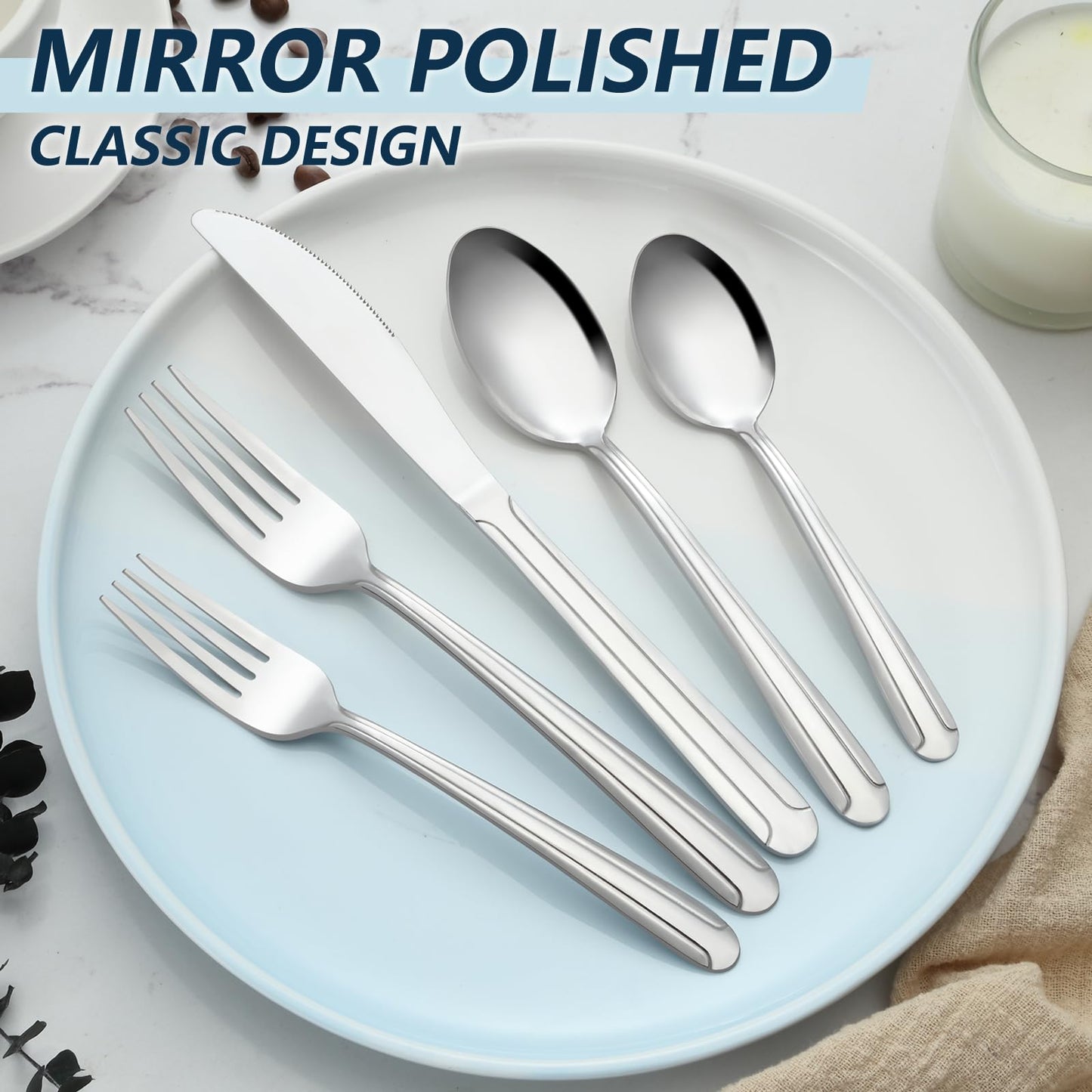 BEWOS 60-Piece Silverware Set, Stainless Steel Silverware Sets for 12, Forks Spoons and Knives Set, Cutlery Set, Mirror Polished Flatware Set, Dishwasher Safe Kitchen Utensils Set for Home, Restaurant