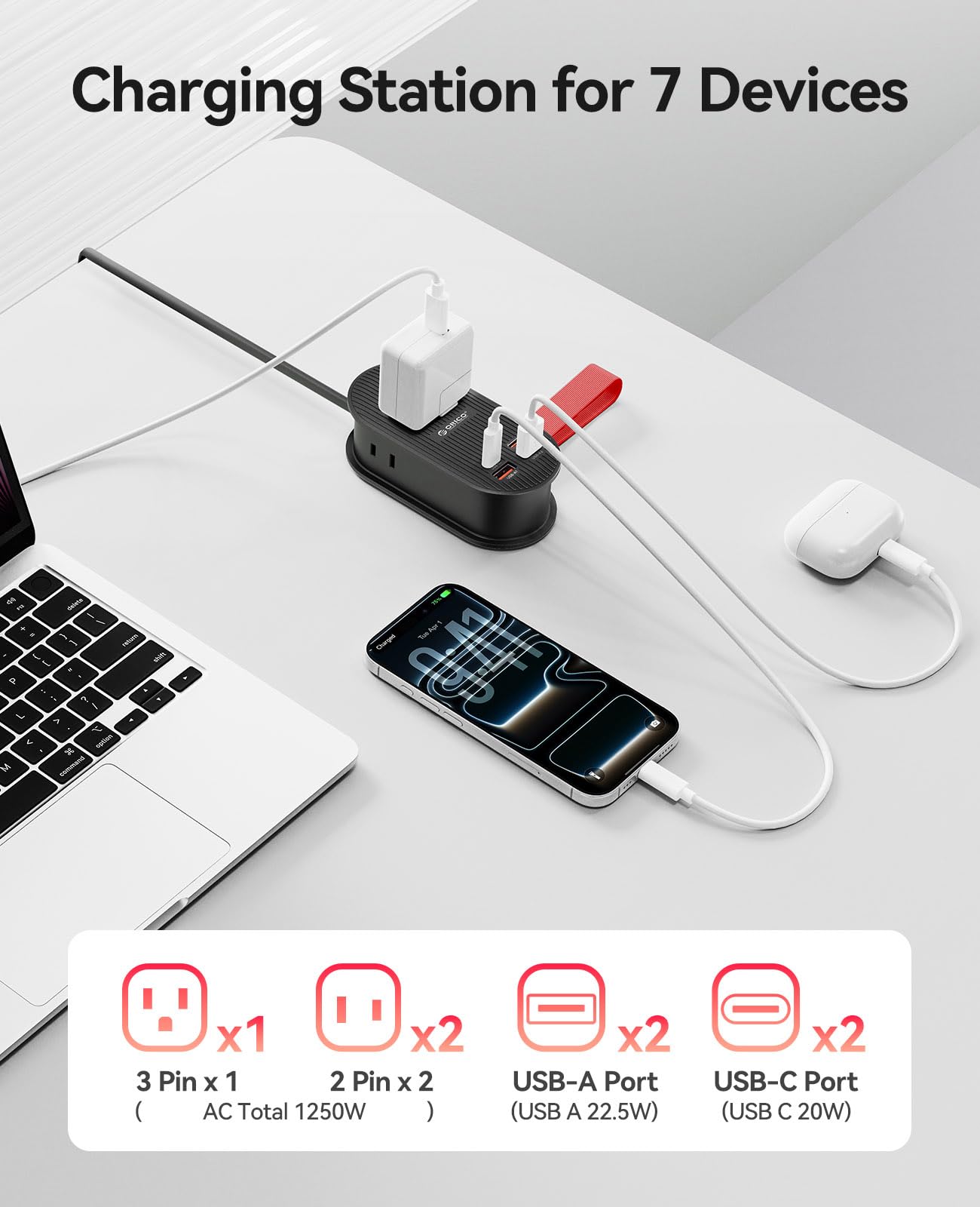ORICO 22.5W Travel Power Strip, 7 in 1 Charging Station with 3AC, 2 USB-A, 2 USB-C, 4ft Thin Extension Cord, Flat Plug Fashion Essential for Travel/Home/Office/Library/Dorm - TK22
