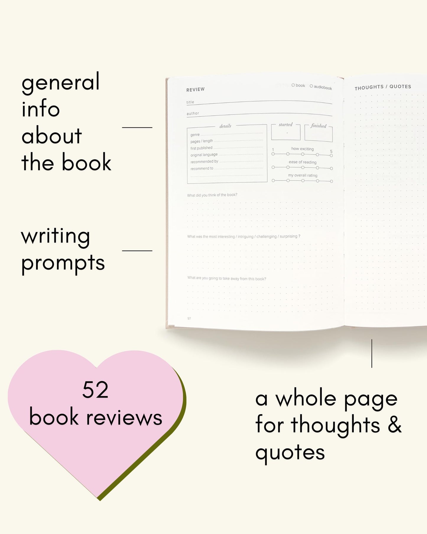 Reading Journal - 52 reviews. Review and Track Your Reading. Book Journal for Book Lovers & Readers. Green