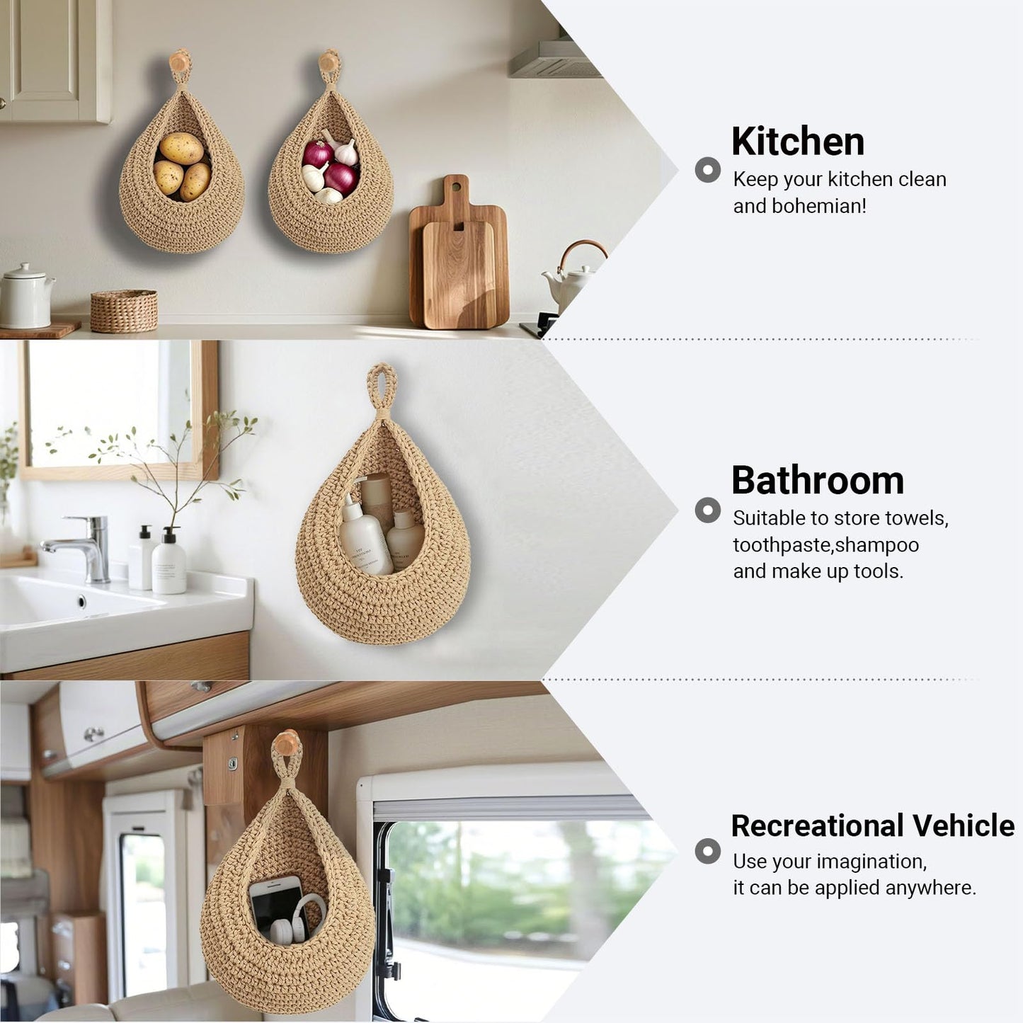 Halidali Hanging Fruit Baskets for Kitchen, 3 Pack Boho Cotton Rope Handwoven Vegetable Storage Wall Mounted Large Organizing Basket for Farmhouse Decor, Onion, Potato, Garlic and Plants