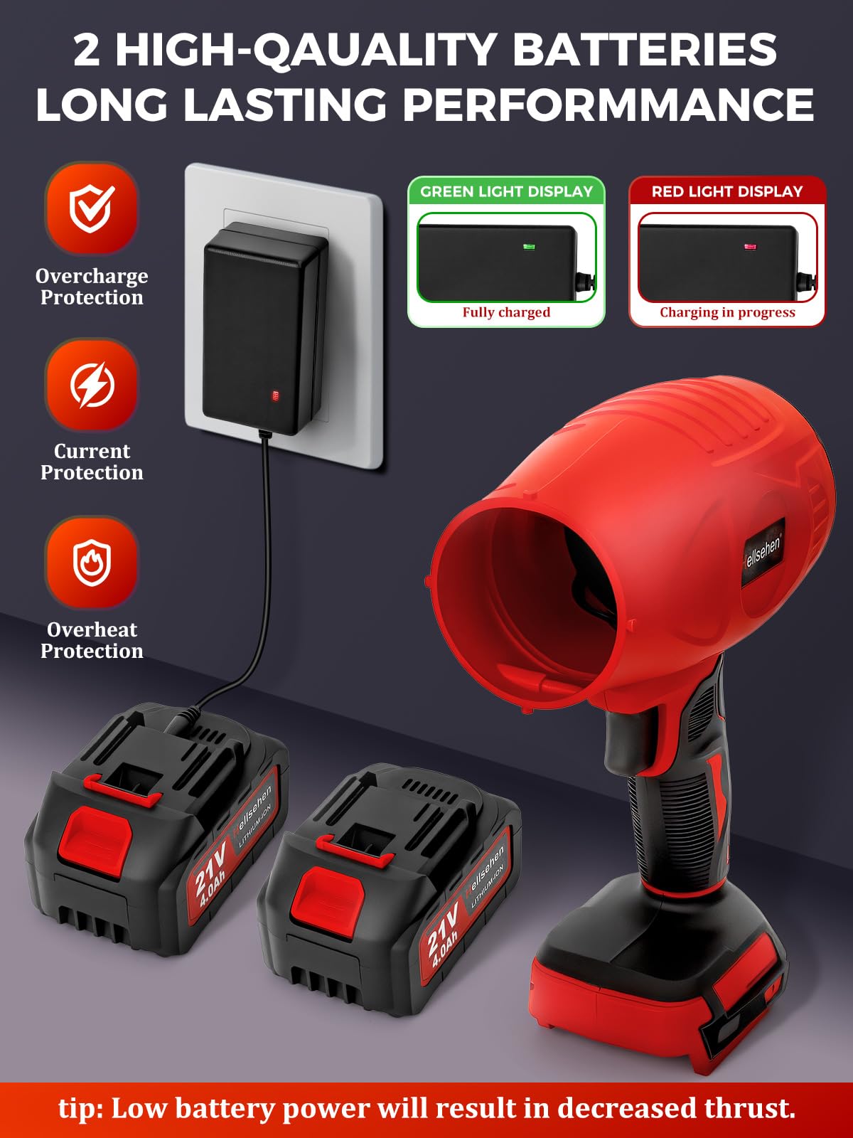 Cordless Leaf Blower with 2 Batteries and Charger Included，Handheld Leaf Blowers for Patio Cleaning, Lawn Care, Blowing Leaves and Dust, Red