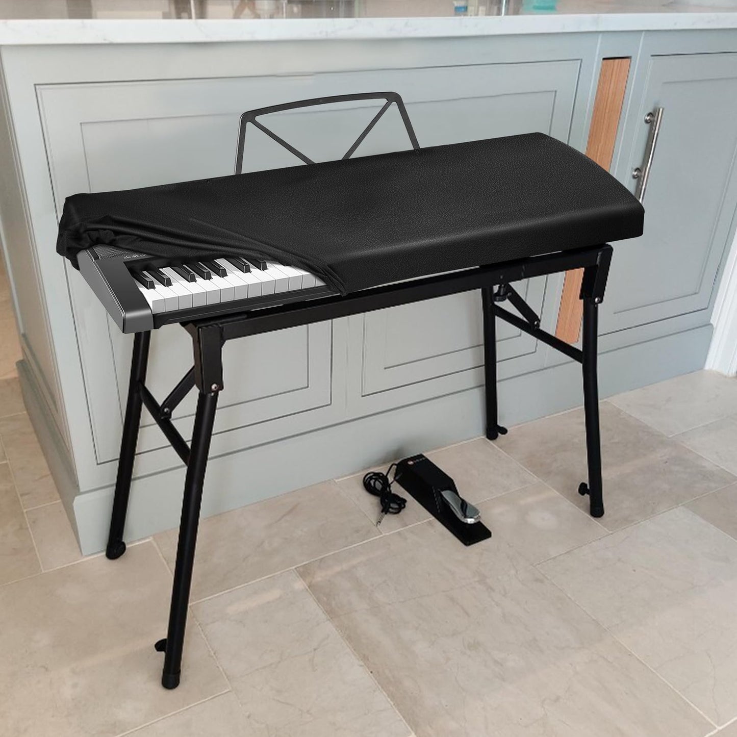 Explore Land Premium Piano Keyboard Dust Cover with Music Stand Opening - Stretchy Leather Piano Protector for 61-88 Keys Digital Electronic Piano (Black,88)