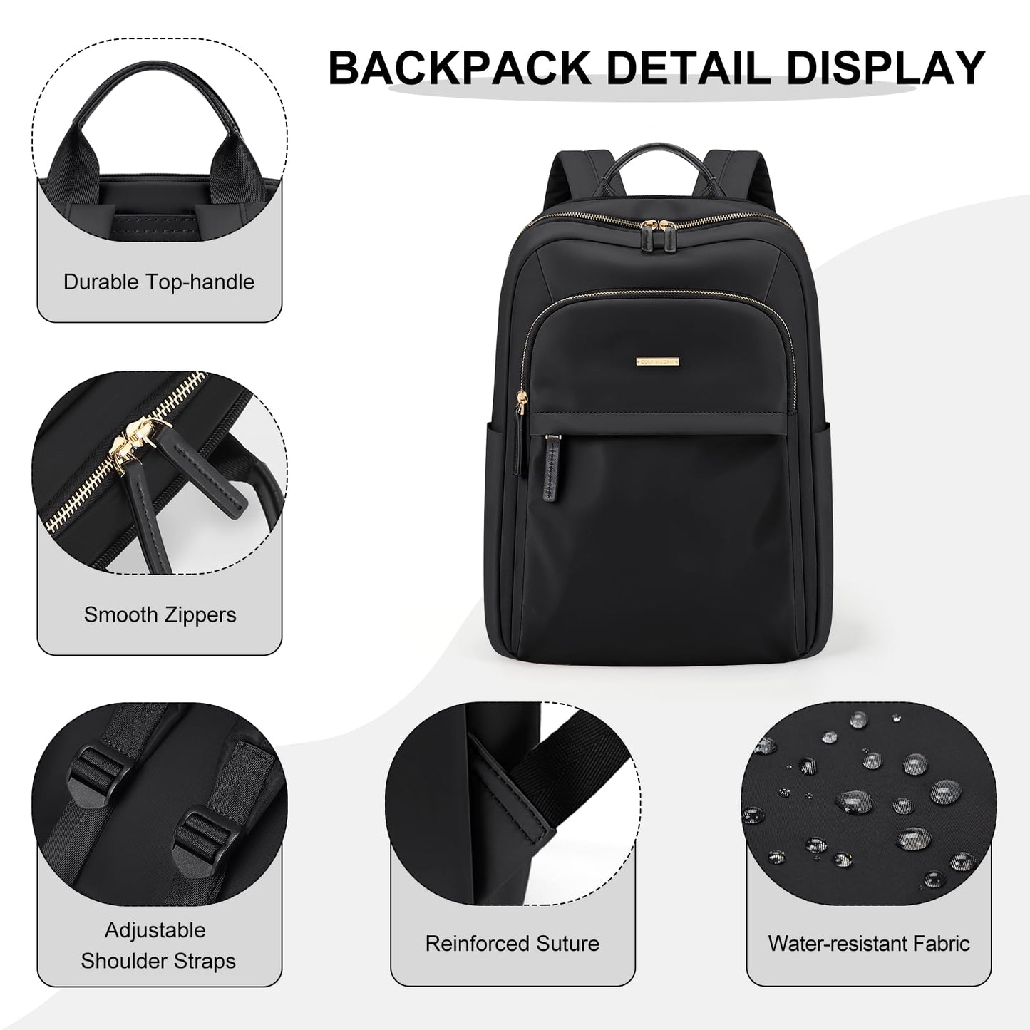 GOLF QUALITY Laptop Backpack for Women Travel Work Commute Casual Daypack Backpack Purse Computer Bags Fit 16Inch Notebook, Black