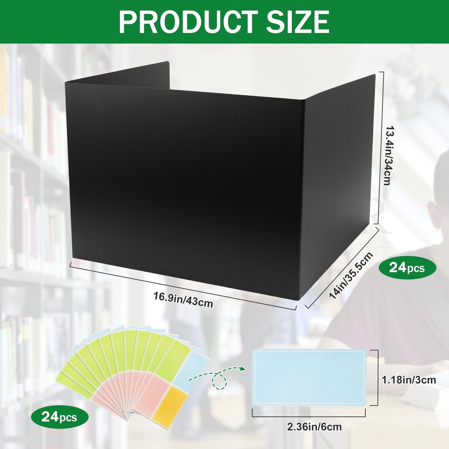 Starry 24 PCS Desk Dividers Student Desk Privacy Panel with Sticker Labels Durable Waterproof Plastic Testing Dividers Shields Lightweight for Students Test Studying Black