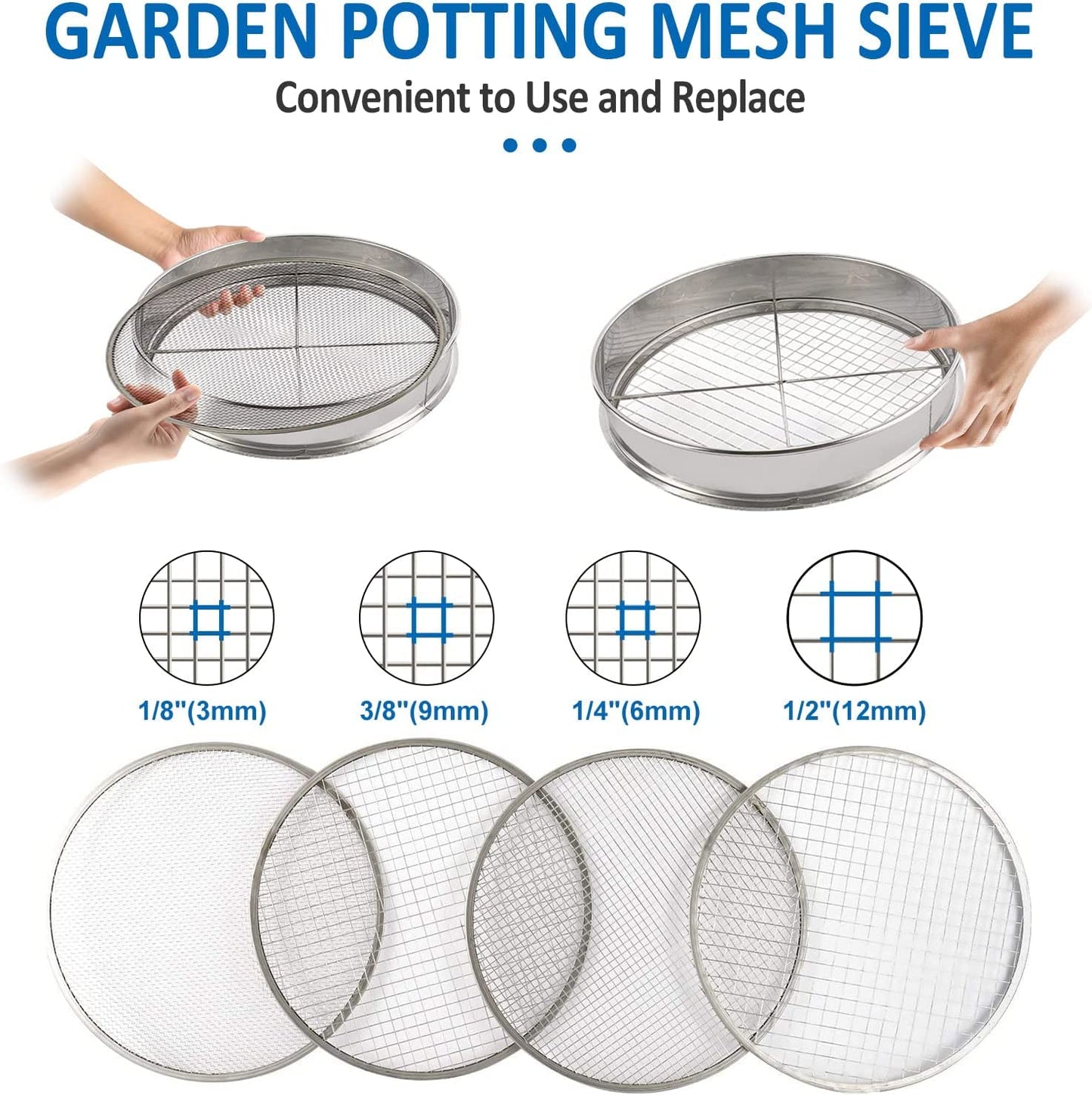 YaeCCC Garden Potting Mesh Sieve, Stainless Steel Soil Sieve Set Mix Soil Filter with 4 Interchangeable Mesh Sizes (3, 6, 9, 12mm)
