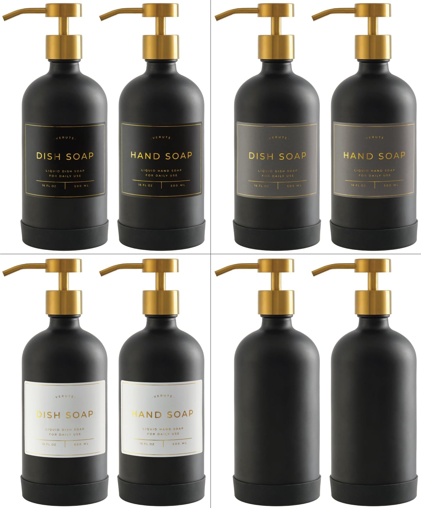 Verute 500ml Glass Soap Dispenser with Stainless Steel Pump, 21 Waterproof Labels, Non-Slip Protective Silicone Pad, Set of 2 for Bathroom & Kitchen (Matte Black Bottle/Brushed Gold Pump)