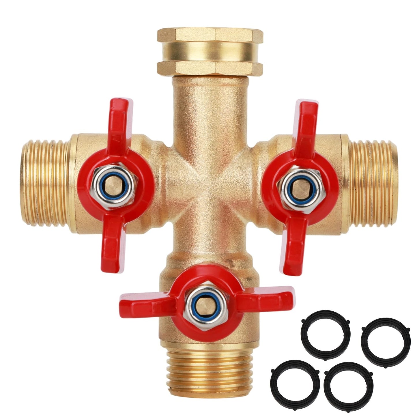 3 Way Brass Hose Splitter with 4 Sealing Gaskets, 3/4 Inch Heavy Duty High Flow Spigot Splitter with 3 Shut-Off Valves Leak-Proof Outdoor Faucet Connector for Yard Lawn Irrigation Systems