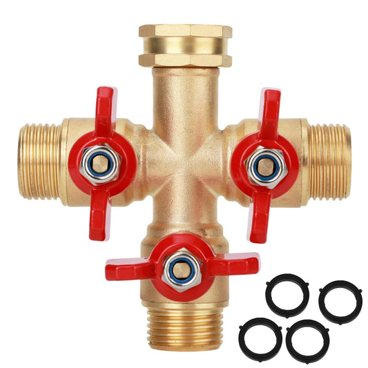 3 Way Brass Hose Splitter with 4 Sealing Gaskets, 3/4 Inch Heavy Duty High Flow Spigot Splitter with 3 Shut-Off Valves Leak-Proof Outdoor Faucet Connector for Yard Lawn Irrigation Systems