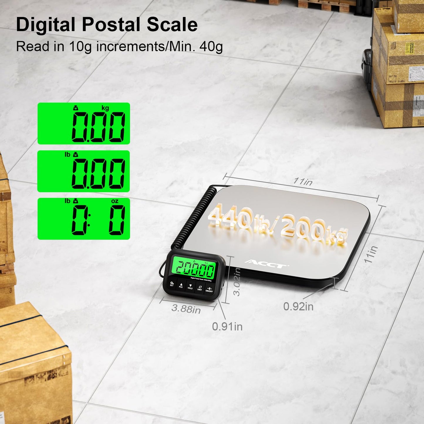 ACCT 440lb Postal Scale - Industrial Shipping Scale with Stainless Steel Platform, Tare/Hold/Counting Function for Luggage, Package, Mail | lb/kg/lb:oz | Heavy Duty Scale with Battery & Charging Cable