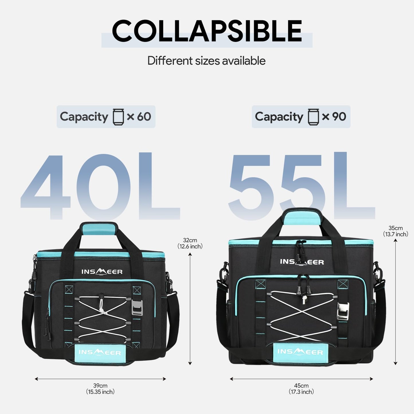 INSMEER Soft Cooler Bag, Collapsible Coolers Bag 60 Can/40L, Soft Sided Insulated Cooler Portable Leakproof Cooler for Grocery Shopping,Camping,Travel,Fishing-Black