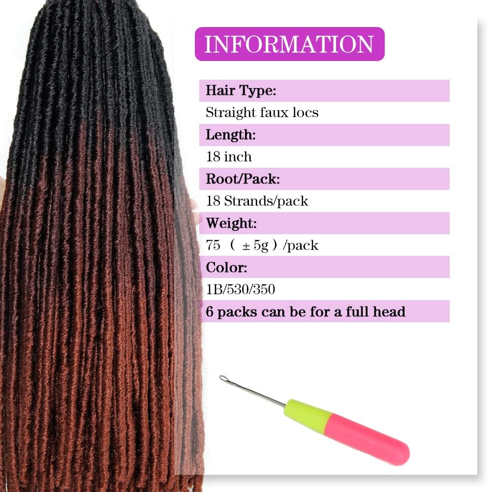 18 Inch Goddess Faux Locs Straight Gypsy Locs Crochet Hair 3 Tone Ombre Crochet Braids Dreadlocks Pre-Looped Synthetic Hair Extensions 18 Strands/Pack(Pack of 6, T1B/530/350)