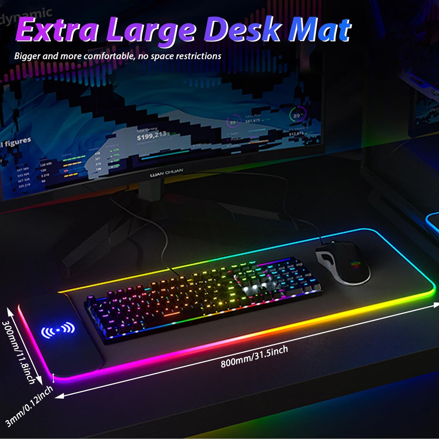 Wireless Charging RGB Gaming Mouse Pad, LED Mouse Pad 800x300x4MM, 14 Light Modes Extra Large Mousepad Non-Slip Rubber Base RGB Desk Mat for Gaming, MacBook, PC, Laptop, Desktop Acessories