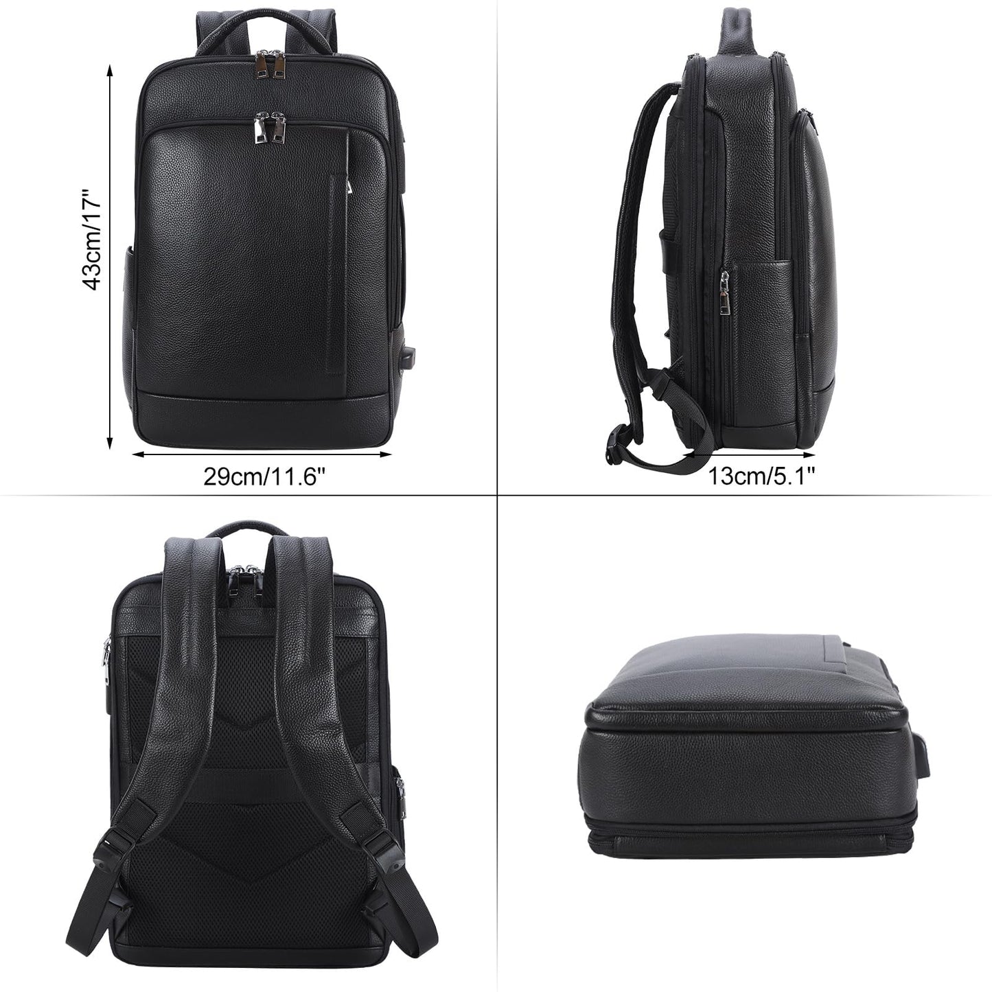 TIDING Men's Genuine Leather Expandable Backpack 15.6 Inch Laptop Bag Slim Work Business Daypack with USB Charging Port