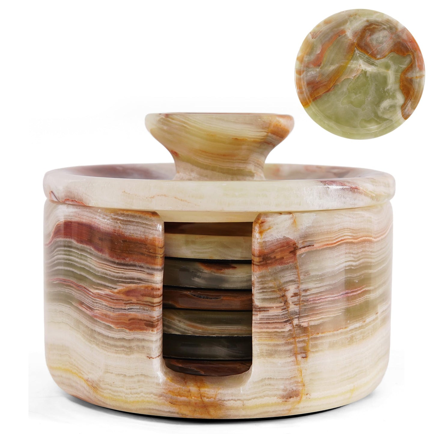 Earthen Crafts Marble 3.5" Green Drink Coasters Set Pack of 6 – Round Stone Coaster with Holder & Lid for Table Countertop – Kitchen Use & Coffee Decor
