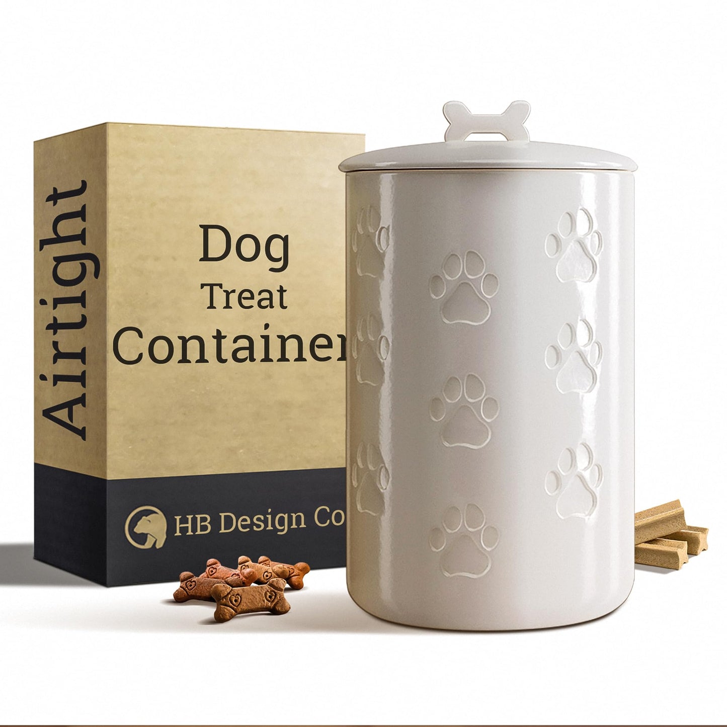 Dog Treat Container Airtight - 5 Inch Wide x 9 Inch Tall Ceramic Dog Treat Jar for Kitchen Counter with Airtight Lid - 7 Cup Capacity Pet Treat Container - Cute Doggie Cookie Jar - Big Treats Canister