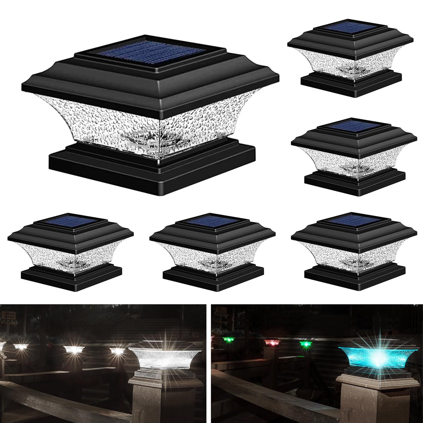 HUYIENO Solar Post Cap Lights Outdoor LED Lighting Deck Fence Cap Light 9 Light Modes Bright White/7 Color Fixed Modes/7 Color Cycling Mode Suitable for 4x4 5x5 Wooden Posts Black 6pk