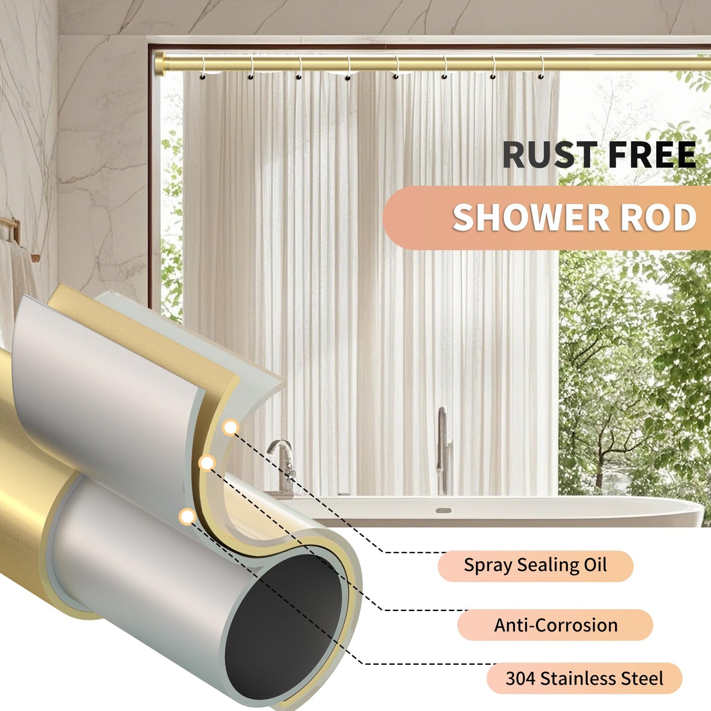 Emlaoe Gold Shower Curtain Rod 34-82 Inches(2.8-6.8ft) Never Rust Adjustable Shower Rod Spring Tension Non Slip No Drilling Shower Rods for Bathroom Garland Window
