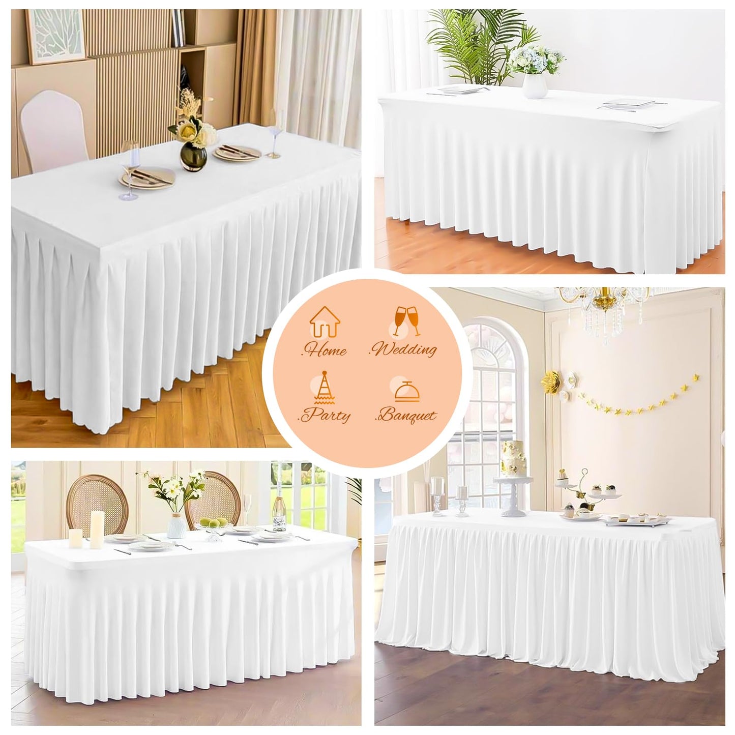 2 Pack White Rectangle Table Skirt, 6Ft Spandex Table Skirt Fitted Stretch Tablecloth,Wrinkle Resistant Ruffles Elastic Cover,Perfect for Rectangle Tables Banquets Parties Wedding Thanksgiving