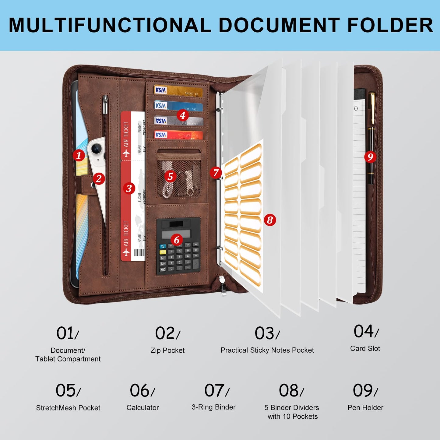 Eshow Portfolio Organizer - 3 Ring Binder with Zipper, Vegan Leather Business Padfolio Folder with Notepad Includes 10 Clear Sheet Protectors for Documents Files for Men Women