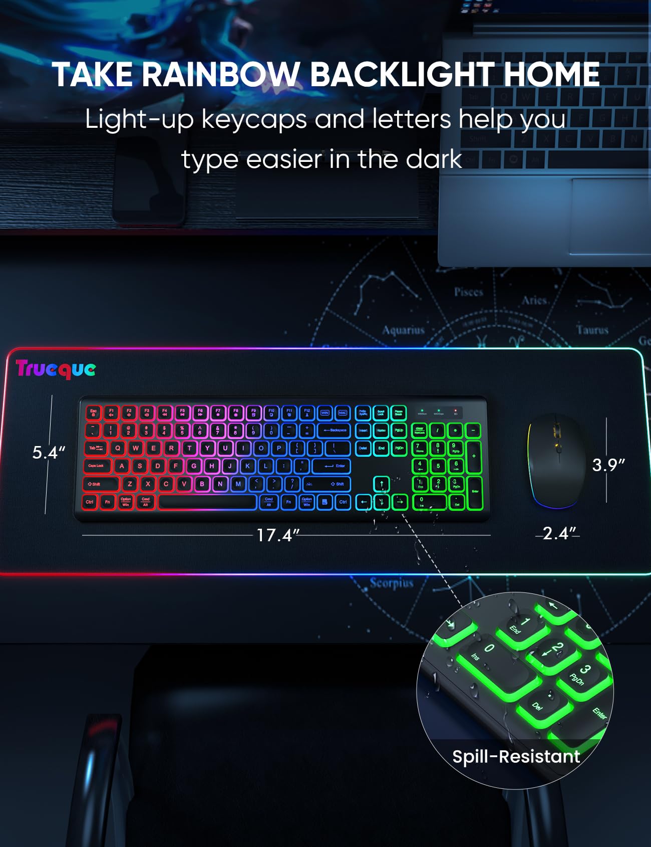 Wireless Keyboard and Mouse Combo - RGB Backlit, Rechargeable & Light Up Letters, Full-Size, Ergonomic Tilt Angle, Sleep Mode, 2.4GHz Quiet Keyboard Mouse for Mac, Windows, Laptop, PC, Trueque (Black)