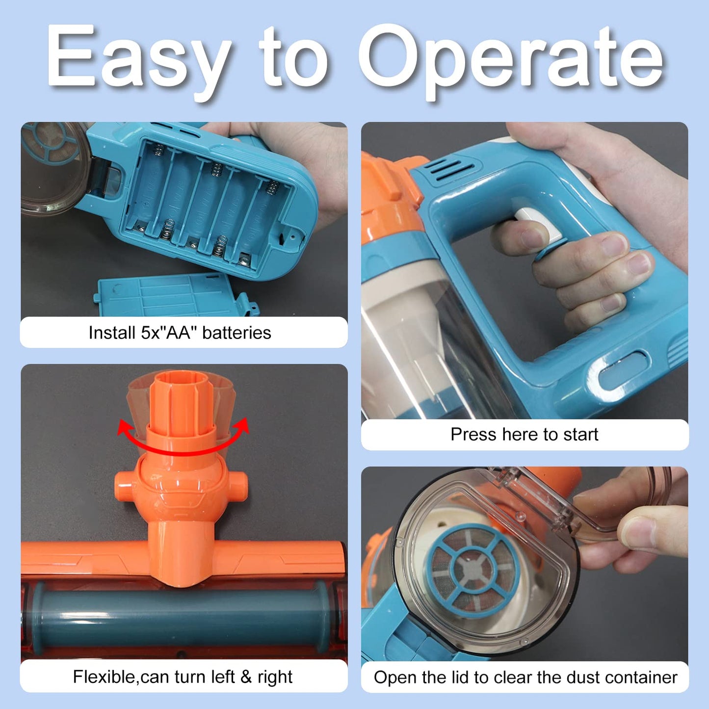 BAYMI 3-in-1 Kids Vacuum Cleaner That Works - Toddler Vacuum Cleaning Toy Set for Children Aged 3+, Kids Working Play Vacuum with Real Suction for Realistic Play (Blue)