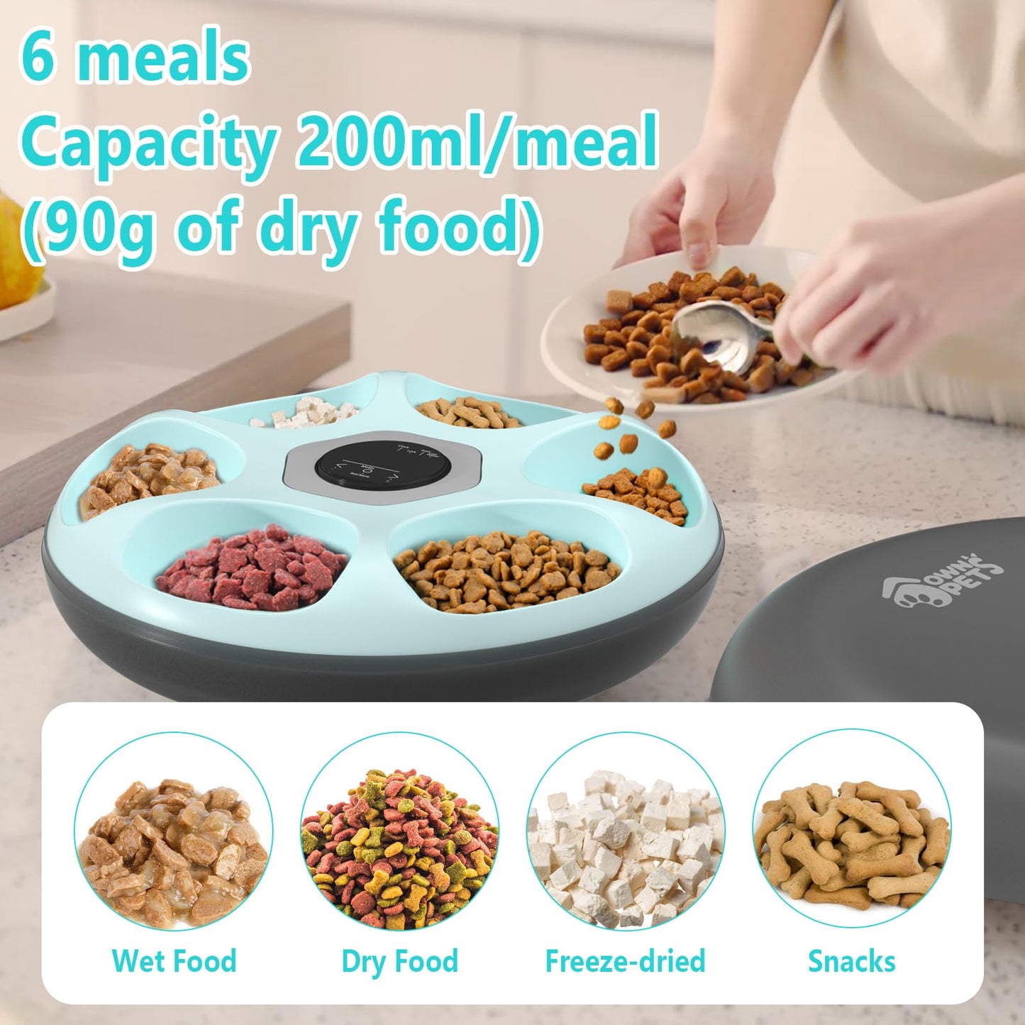Ownpets 6 Meals Automatic Cat Feeder for Wet/Dry Food, with 2 Ice Packs, Programmable Timed Pet Food Dispenser, Cordless Rechargeable Battery Auto Feeder for Kitty/Small Dogs,Black