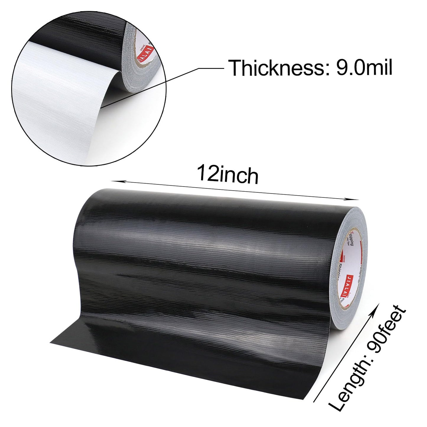 JIALAI HOME 12" Wide Adhesive Tape, Industrial Grade, 30 Yards(90 Feet), Wide Masking Tape, 9 Mil, Heavy Duty, Waterproof, Strong, Flexible, Residue Free, for Crafts and R12'' X 90 Feet,Black