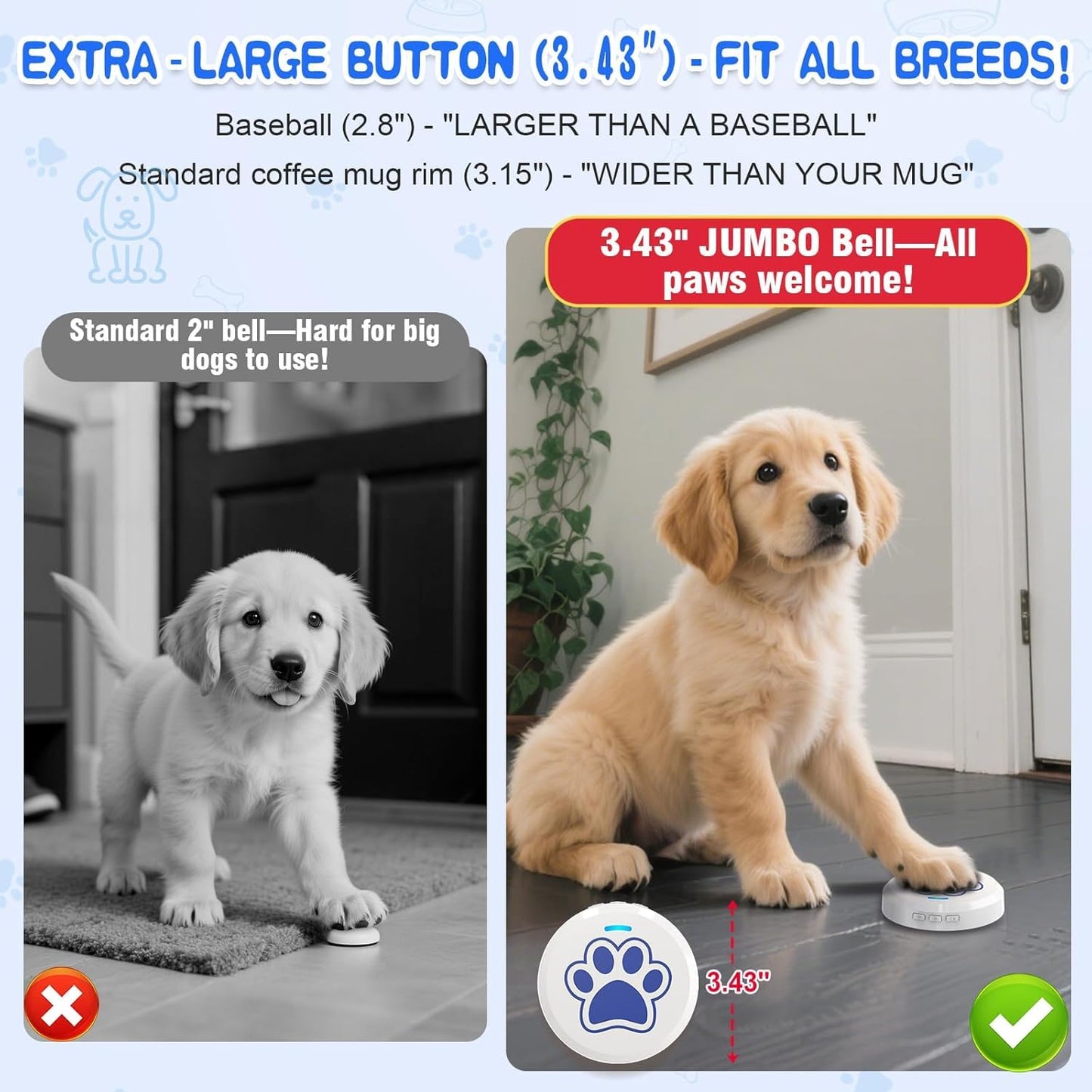 ChunHee Smart Dog Door Bell for Potty Training to Go Outside, Wireless Doggie DoorBell for Dogs, Doggy Bells Waterproof Touch Button and Adjustable Volume(2 Dog Buttons)