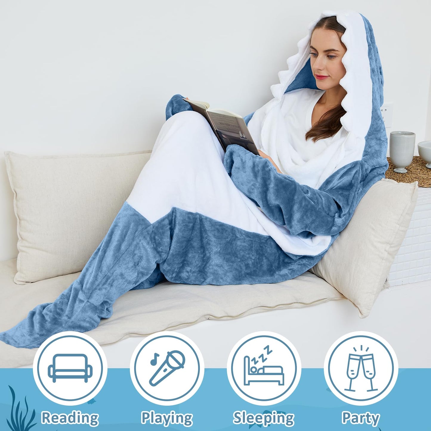 Ambitelligence Shark Blanket Hoodie Onesie for Adults and Kids, Cozy Flannel Shark Costume Sleeping Bag Grey