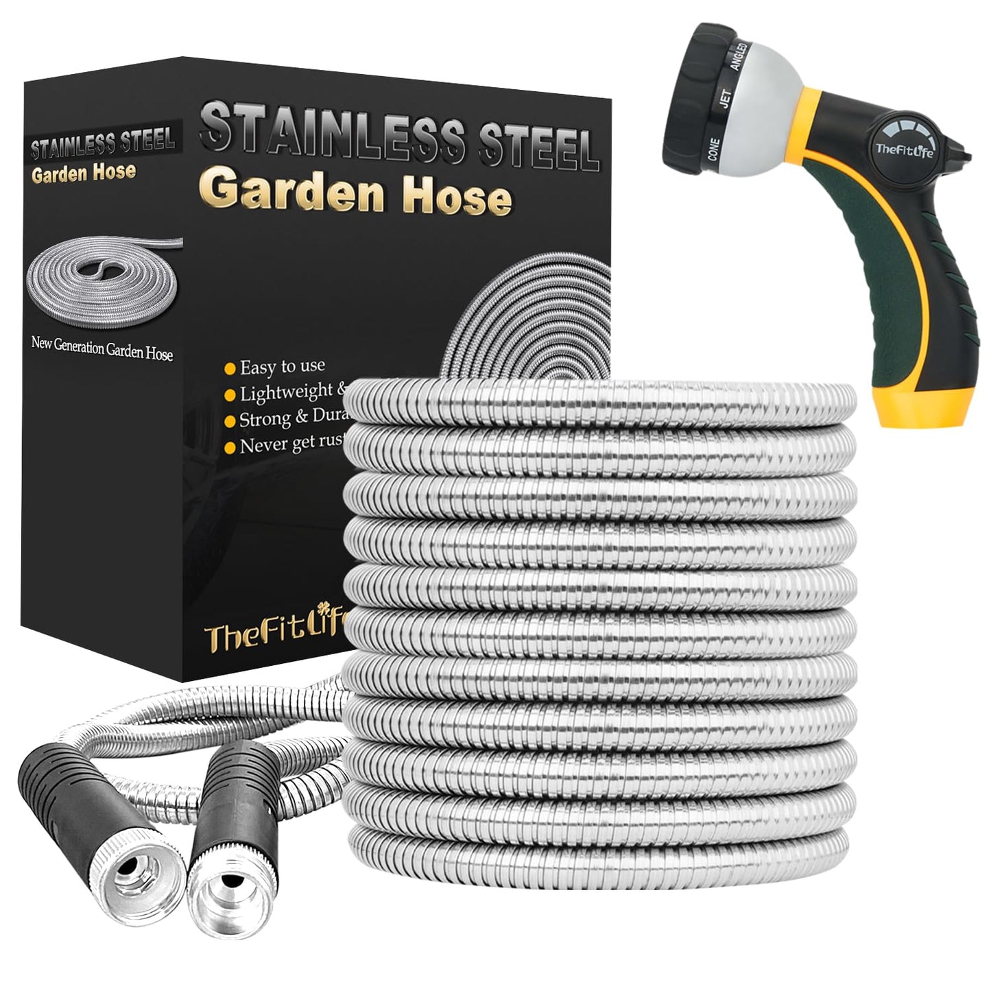 TheFitLife Flexible Metal Garden Hose - Leak and Fray Resistant Design, Stainless Steel Water Hose with Solid Fittings and Sprayer Nozzle, Lightweight Kink Free Durable Easy Storage (25 FT)