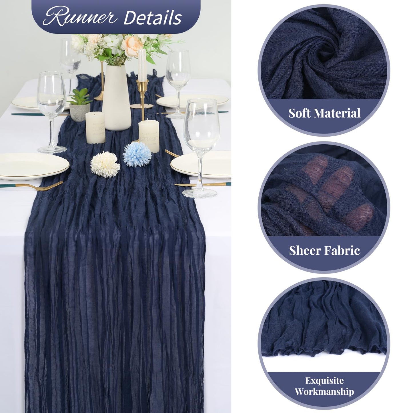 20 Pack Navy Blue Cheesecloth Table Runner 120 Inch 10FT Rustic Boho Gauze Cheese Cloth Table Runner for Wedding Party Baby Shower Thanksgiving Christmas Decoration