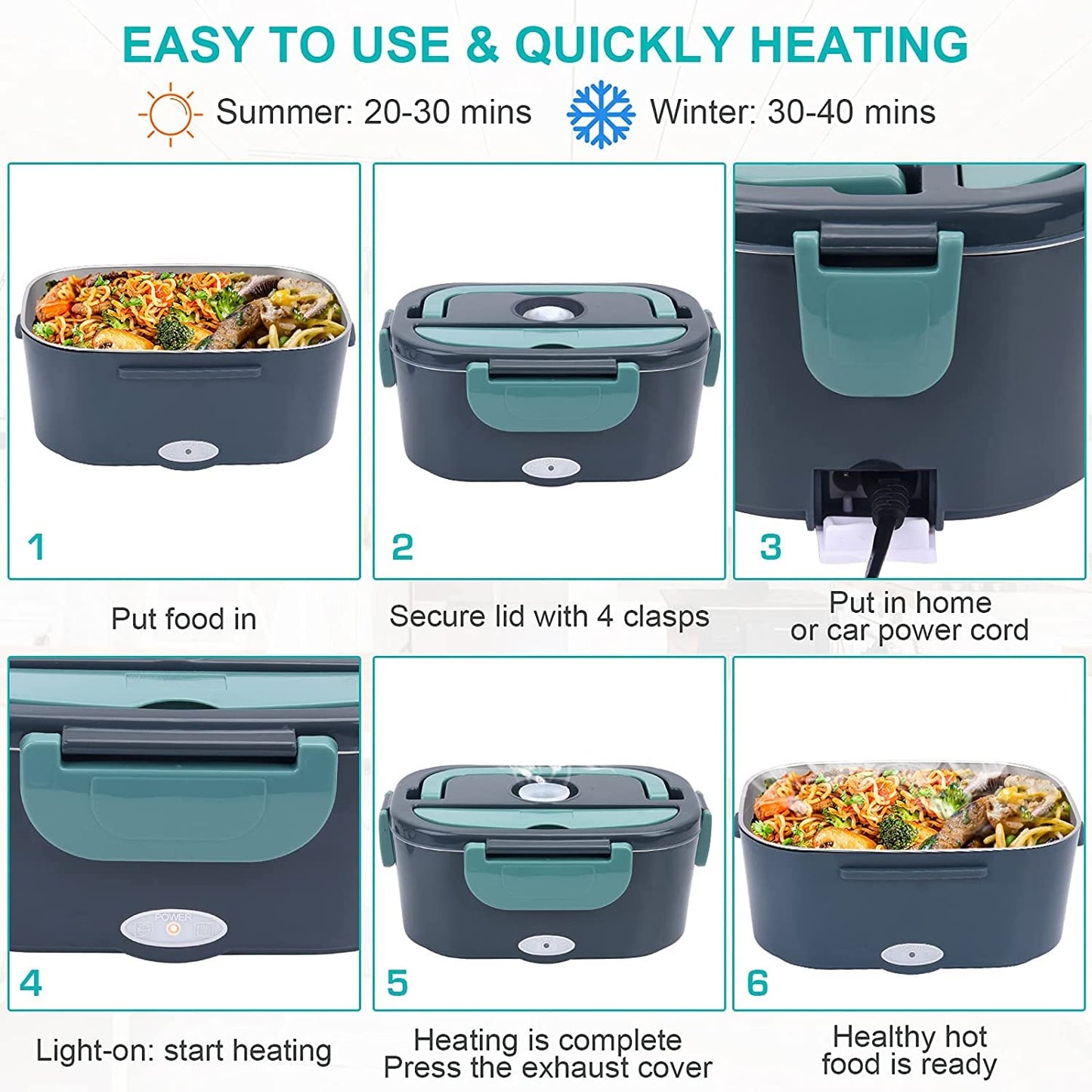 Electric Heated Lunch Box Food Heater/Warmer Portable for Adults Car Truck and Home Work Electric Lunch Box - Leak Proof, 1.5L Removable 304 Stainless Steel Container