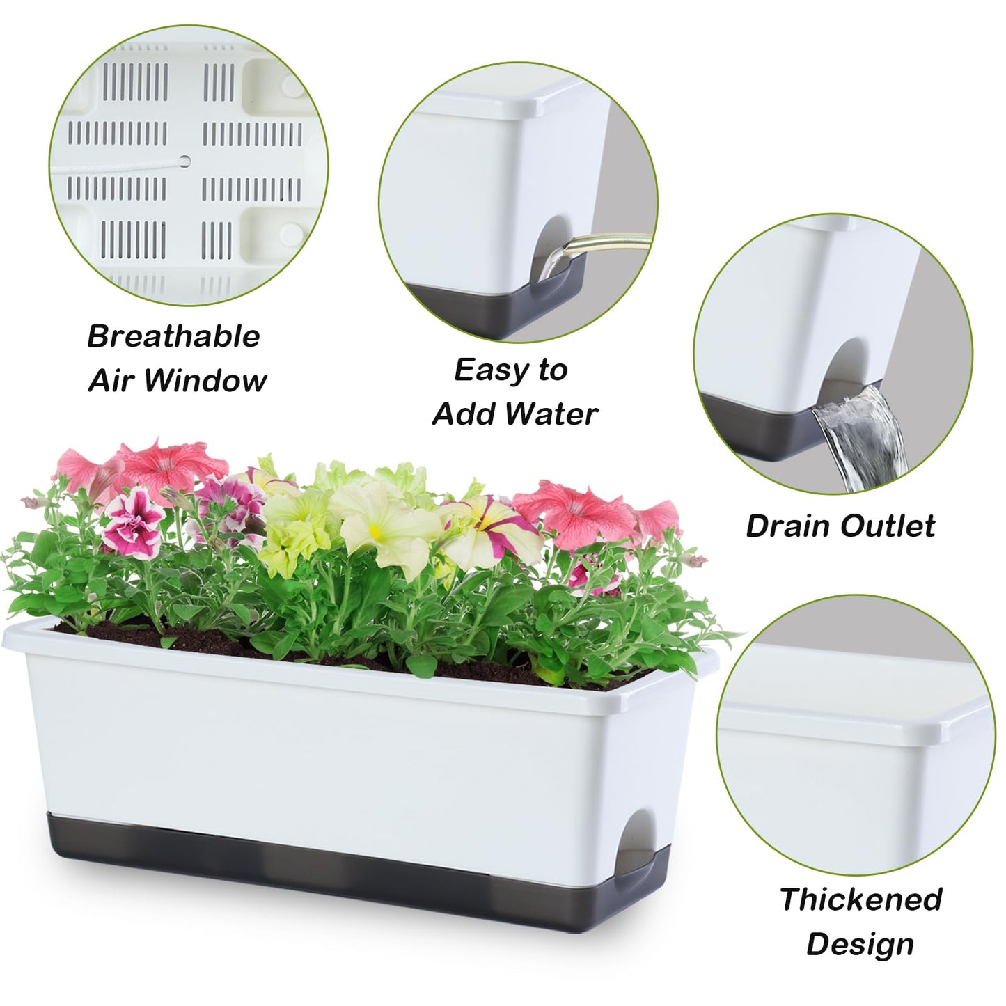 Self-Watering Planters with Drainage Holes & Trays, 8 Pcs 17 Inch Rectangle Window Box, Indoor Outdoor Flower Pots for Garden, Balcony, Patio (White, 17 x 7 x 6 Inch)