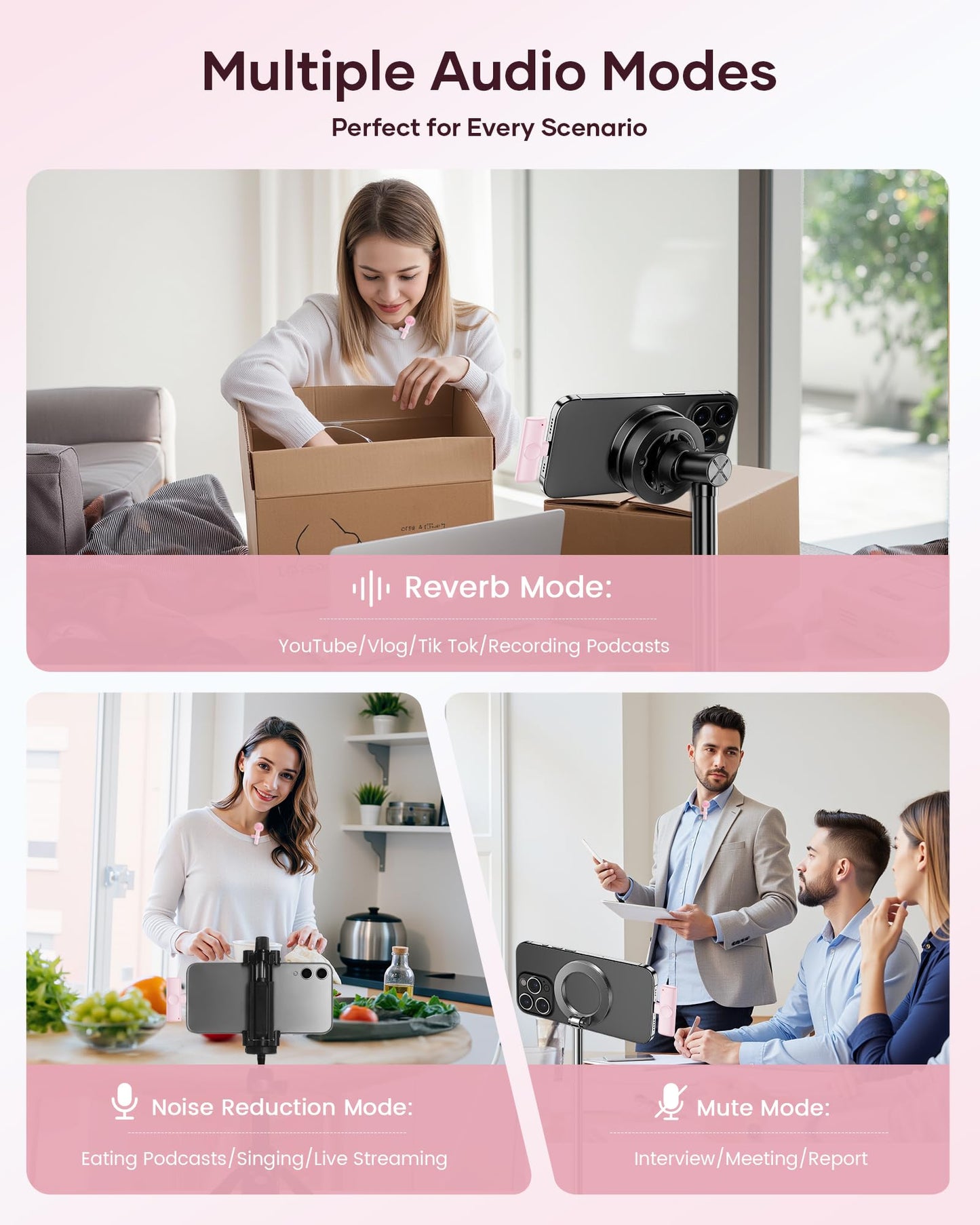 Wireless Lavalier Microphone for iPhone iPad and Android Phone, 2 Pack Lapel Mic with Noise Reduction,Plug and Play Wireless Mini Microphone for Video Recording Interview Podcast YouTube TikTok (Pink)