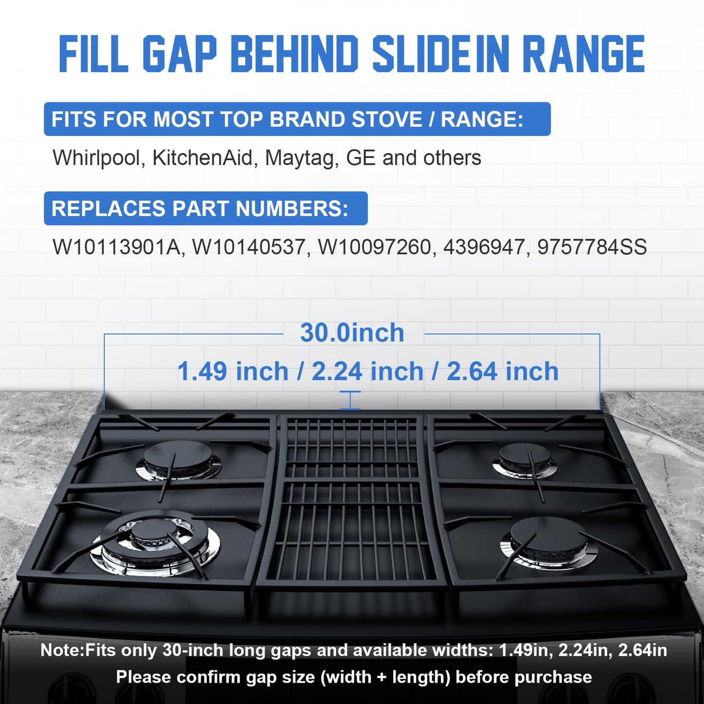 30" Slide-in Range Rear Filler Kit W10113901A, Stove Gap Universal Triangular Filler Strip, Cooktop Trim Kit Between Stove and Backsplash for Whirlpool & Most Brand, Durable Aluminum, Black