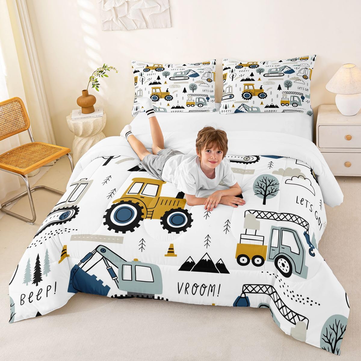 Cartoon Car Kids Comforter Set Construction Bedding Set Decor Equipment Trucks Comforter Cartoon Car Excavator Tractor White Yellow Duvet Set Bedroom Quilt Set 3Pcs Full