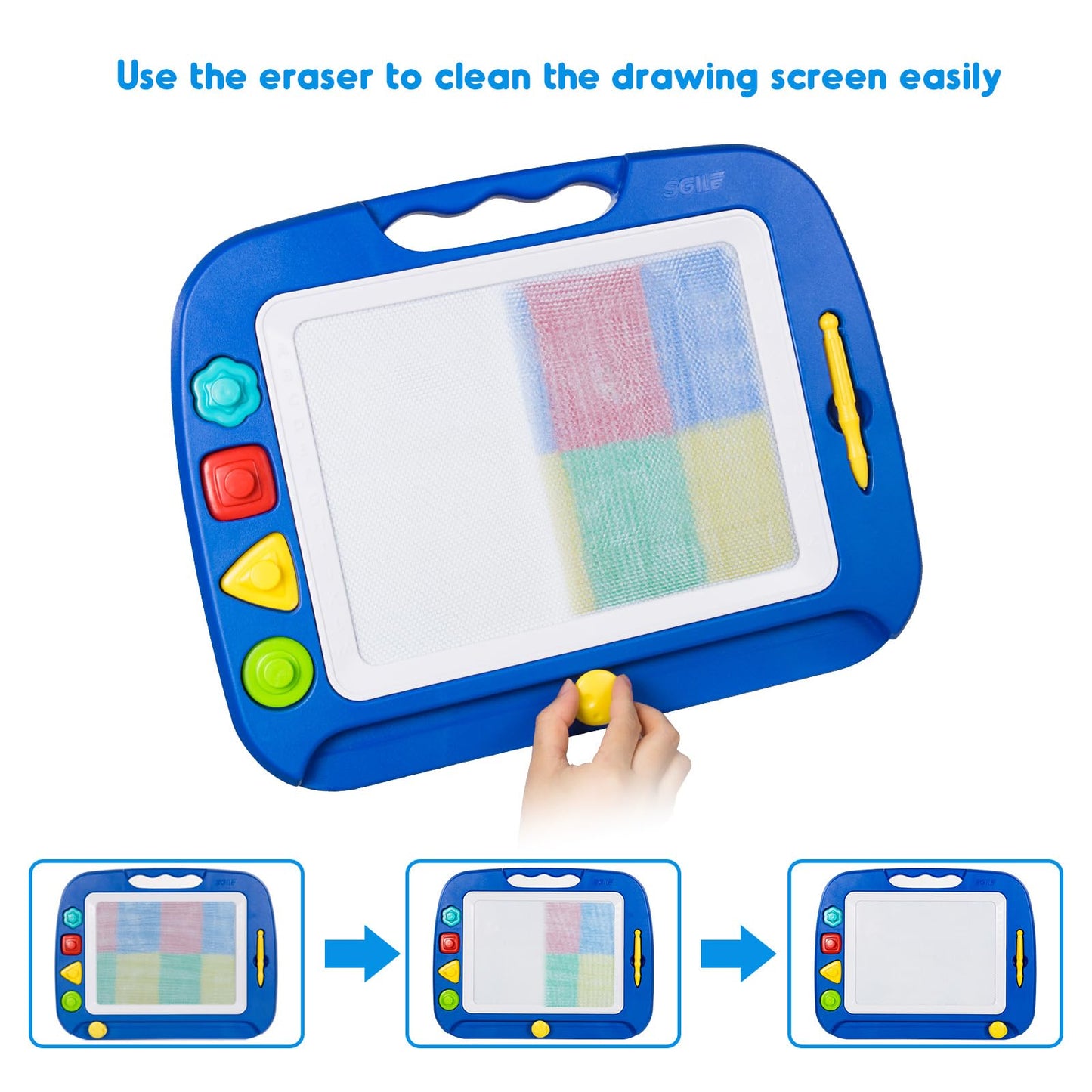 SGILE Large Magnetic Drawing Board, 16×13in Writing Painting Doodle Pad with 4 Stamps for Toddlers, Learning Educational Toy Etch Sketch Gift for 36+ Month Kids Girls Boys, Blue