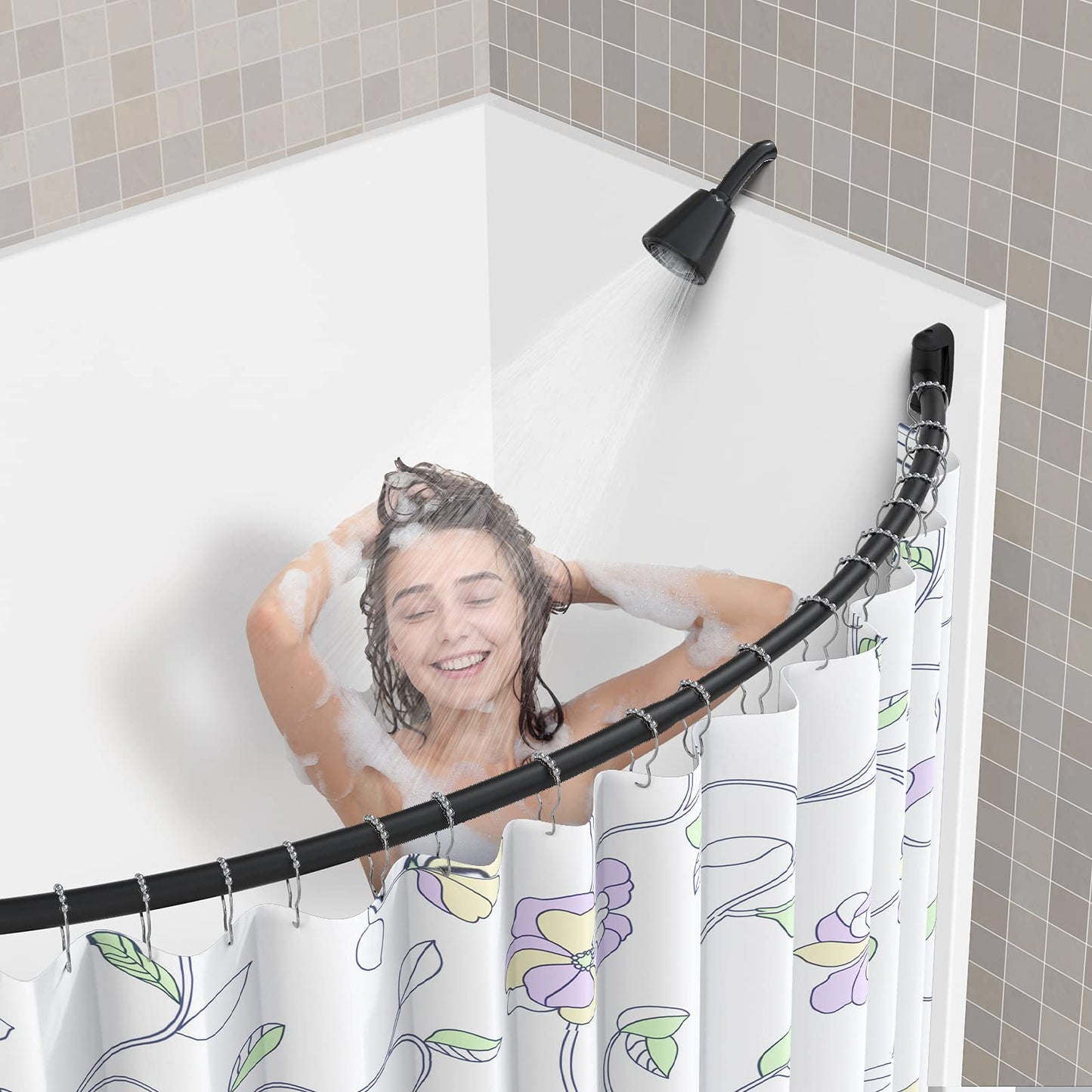 Tlooe Curved Shower Curtain Rod, 45-72 Inches Adjustable Curved Shower Rod, Rustproof Round Never Fall Shower Rods for Bathroom, Telescoping Design, Need to Drill, Black
