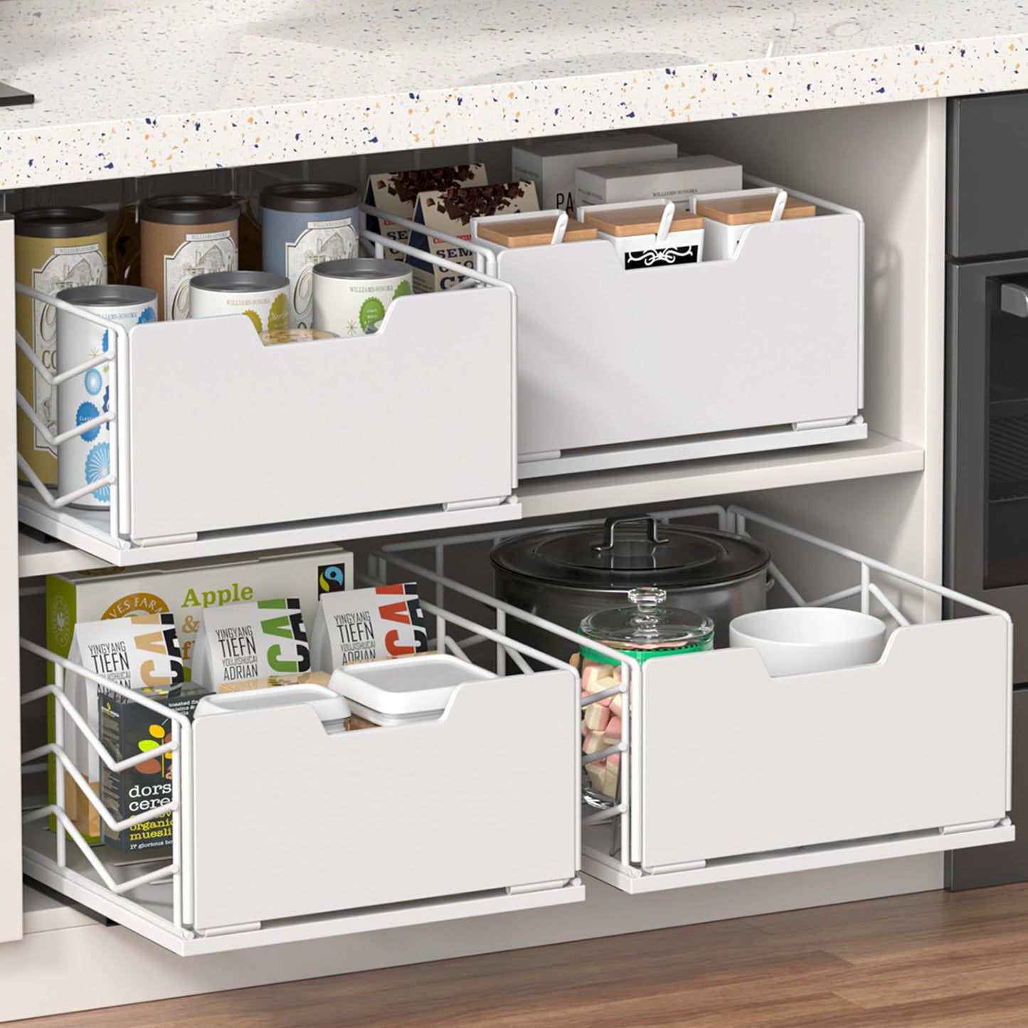 Pull Out Cabinet Organizer, Pantry Slide Out Drawer Organizer with Adhesive Strips, Heavy Duty Under Sink Organizer, Storage and Organization for Kitchen, Bathroom, 15.7" D x 11.8" W x 6.7" H