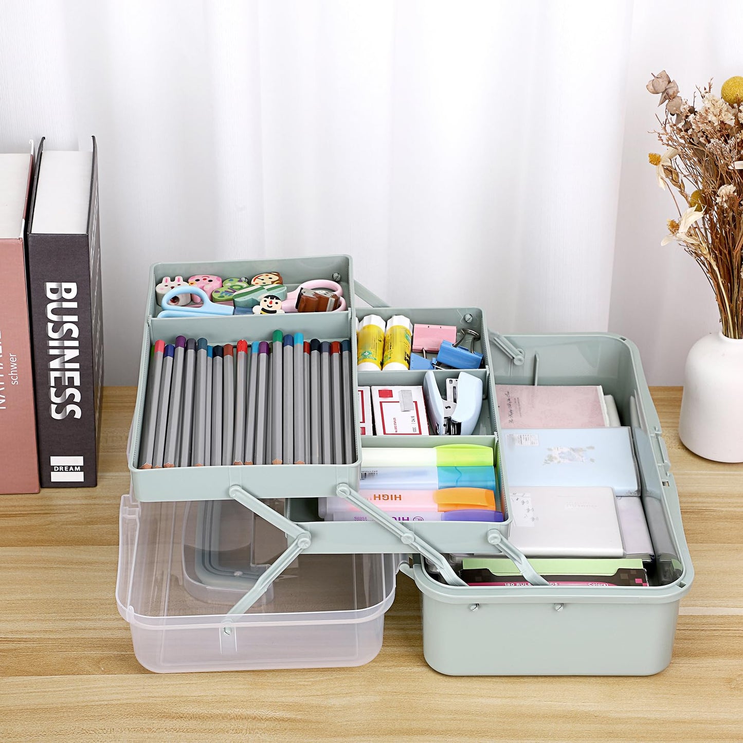 JuxYes Three Layer Multipurpose Storage Box, 3-Layer Art Craft Storage Container Clear Plastic Folding Tool Box Art Crafts Case Sewing Supplies Organizer with 2 Tray, Green