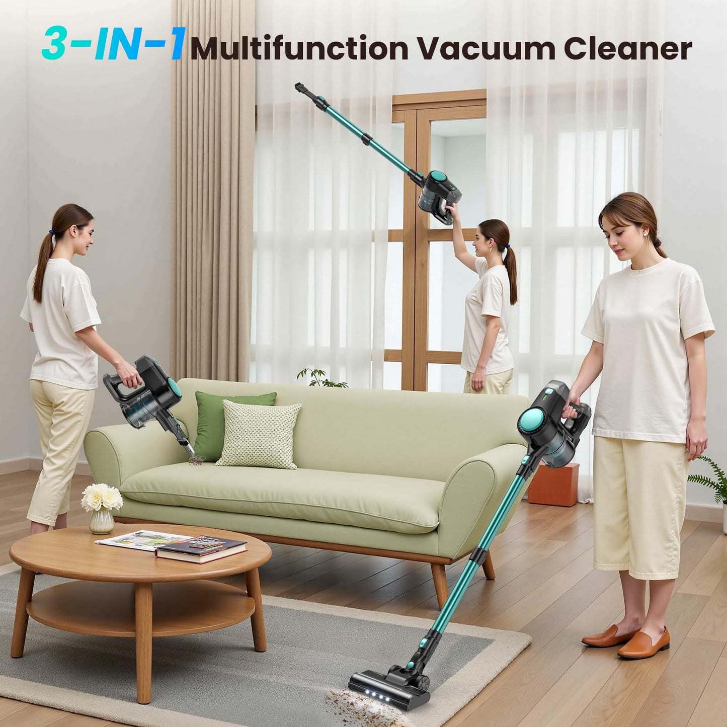 Blozor N3T Cordless Vacuum Cleaner,Wireless Stick Vacuum with 40 mins Runtime,Self-Standing,Anti-Tangle Brush,Rechargeable Lightweight Vacuum Cleaner for Home,Mint