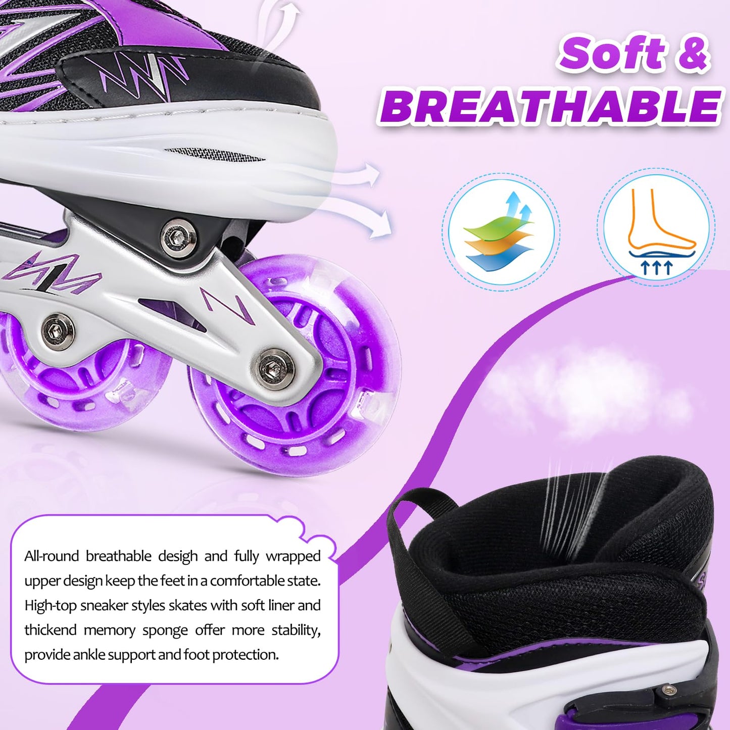 Adjustable Kids Inline Skates for Girls Boys Children Beginners, Black & Purple Inline Skates with Light Up Wheels for Kids and Youth for Sports (Medium)