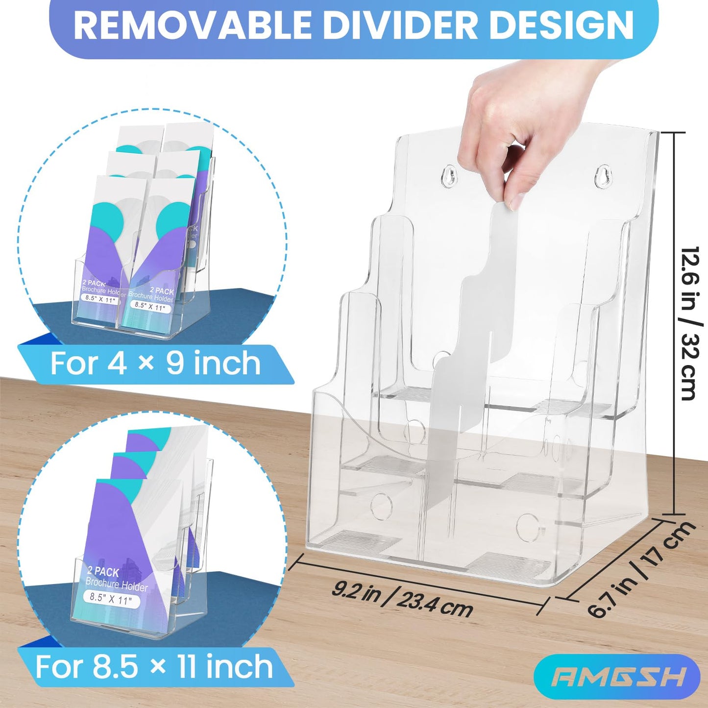 AMGSH 2 Pack 3 Tier Brochure Holder 8.5” x 11” - Acrylic Literature Holder with Removable Divider for 4” x 9” Brochure, Clear Flyer Holder Pamphlet Display Stand