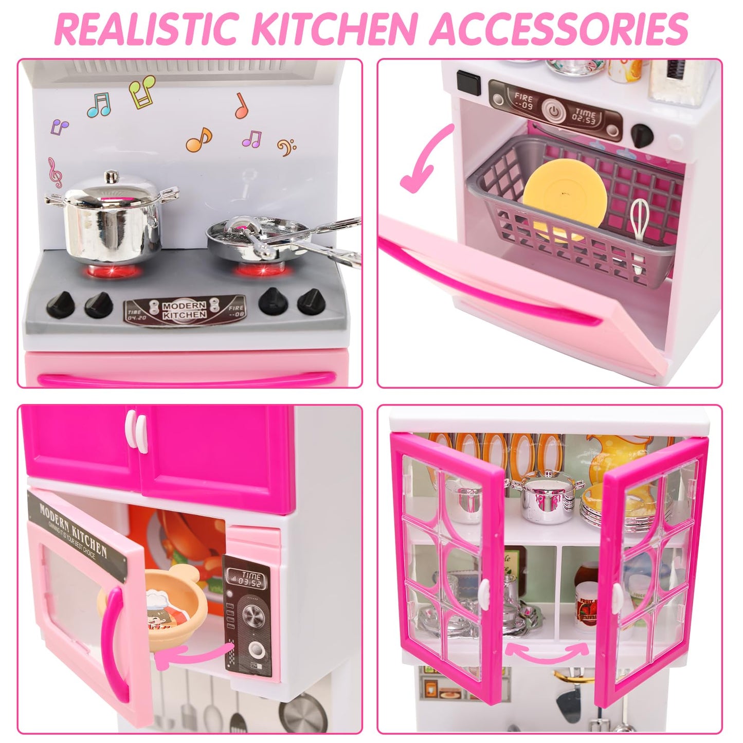 91 Pcs Doll Kitchen Playset for Kids, My Modern Mini 5-in-1 Kitchens House Furniture for 11.5 Inch Girl Dolls Pretend Play Kitchen Toy Accessories for Kids Doll Dreamhouse Set for Dolls