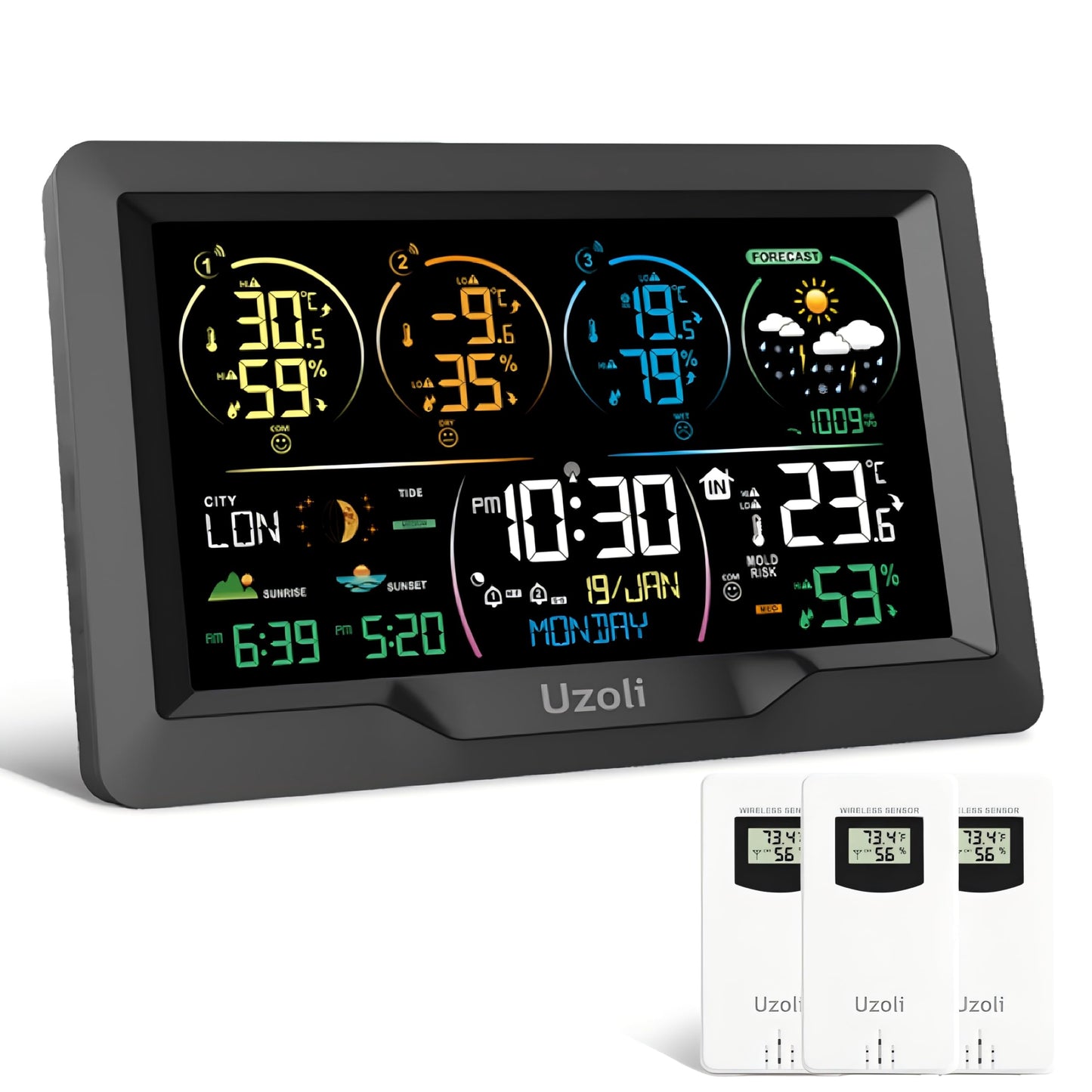 Uzoli EM3390 7.5" Weather Station, Weather Station Wireless Indoor Outdoor Thermometer, Digital Weather Stations 3 Sensors with Atomic Clock, Barometer, Moon Phase, Large Screen Monitor for Home Use